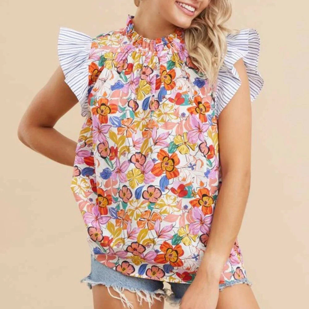 Spring Floral & Strip Contrast Top - Picture 5 of 5